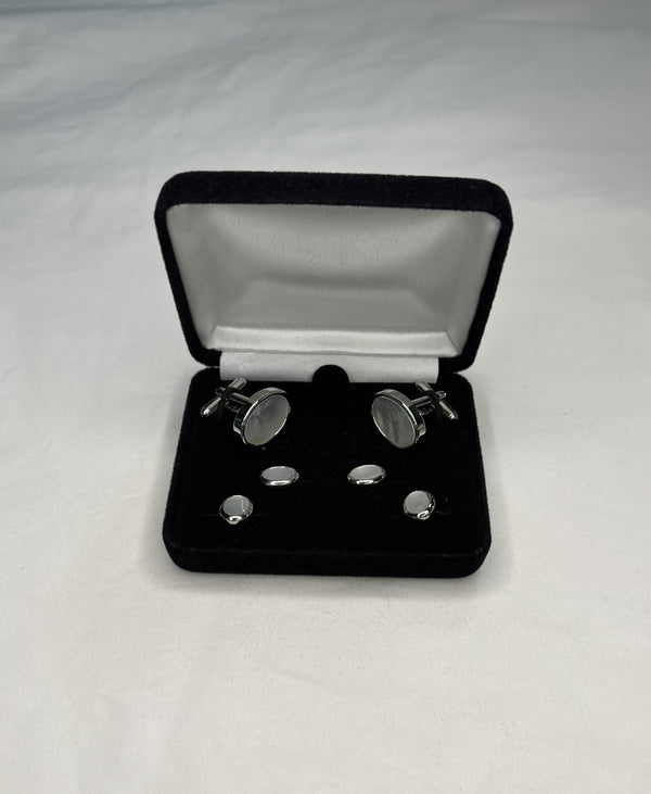 Mother of Pearl Silver Oval Studs & Cufflinks Boxed Set