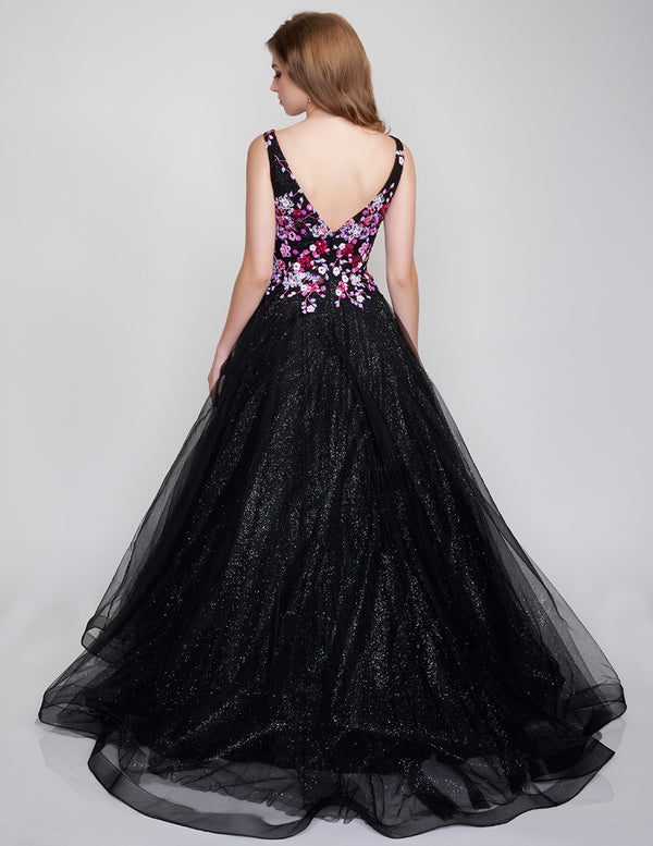 NINA CANACCI 3184 BLACK MULTI Shimmer Tulle Ballgown with Floral Bodice - Size 6