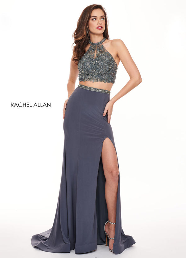 Rachel Allan 6641 Charcoal 2 Piece Jersey Dress with Slit