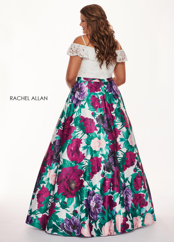 Rachel Allan 6672 White Lace Top w/ Magenta Floral Skirt - Size 14