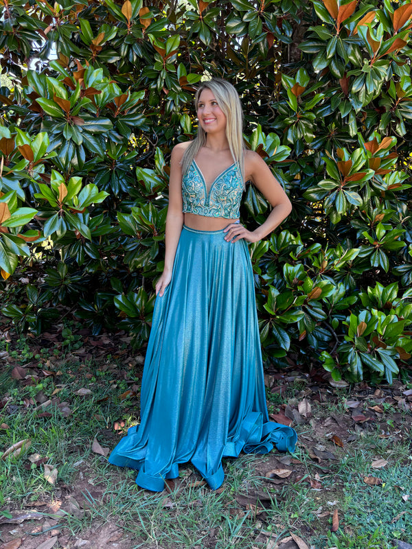 Rachel Allan 7209 Teal Shimmer 2 Piece A-Line Dress with Slit