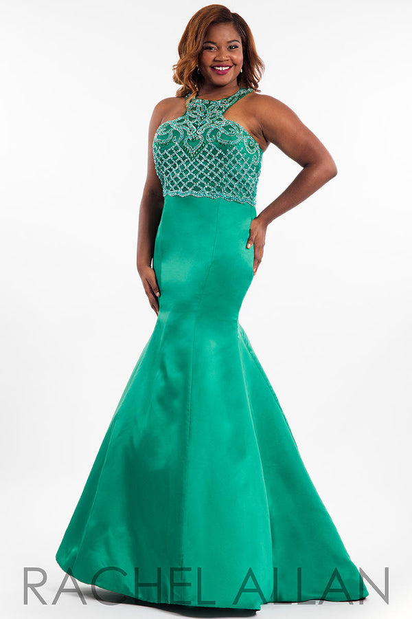 Rachel Allan 7834 Emerald Green Fit-N-Flare Halter Dress - Size 24W