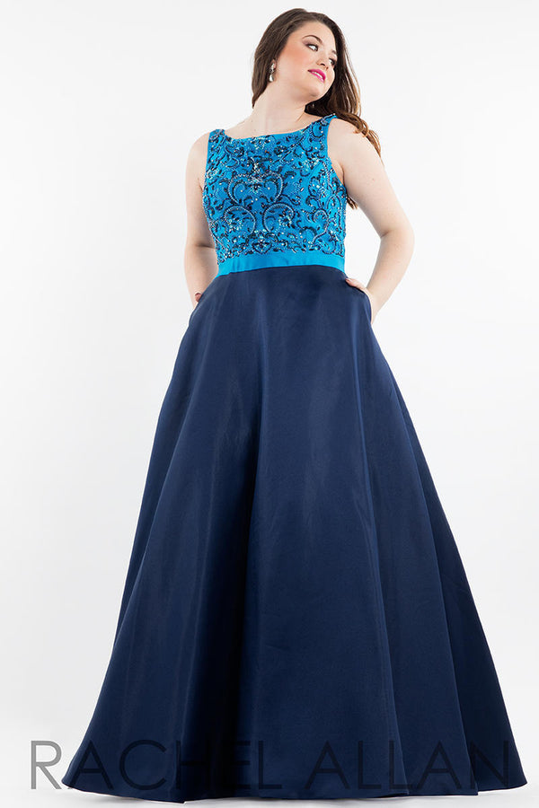 Rachel Allan 7835 Ocean Navy Beaded Modest A-Line Dress