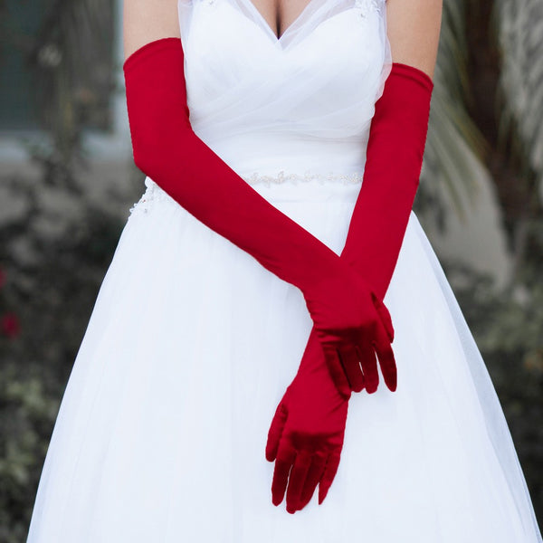 Stretch Satin Opera Length Ladies Gloves - Red