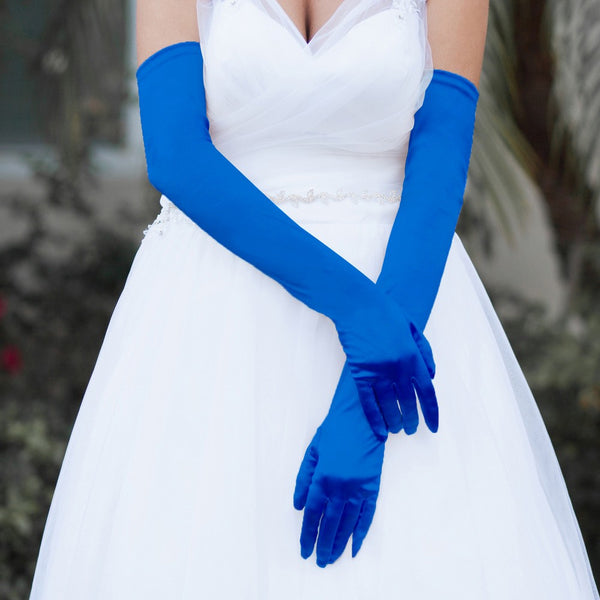 Stretch Satin Opera Length Ladies Gloves - Royal Blue