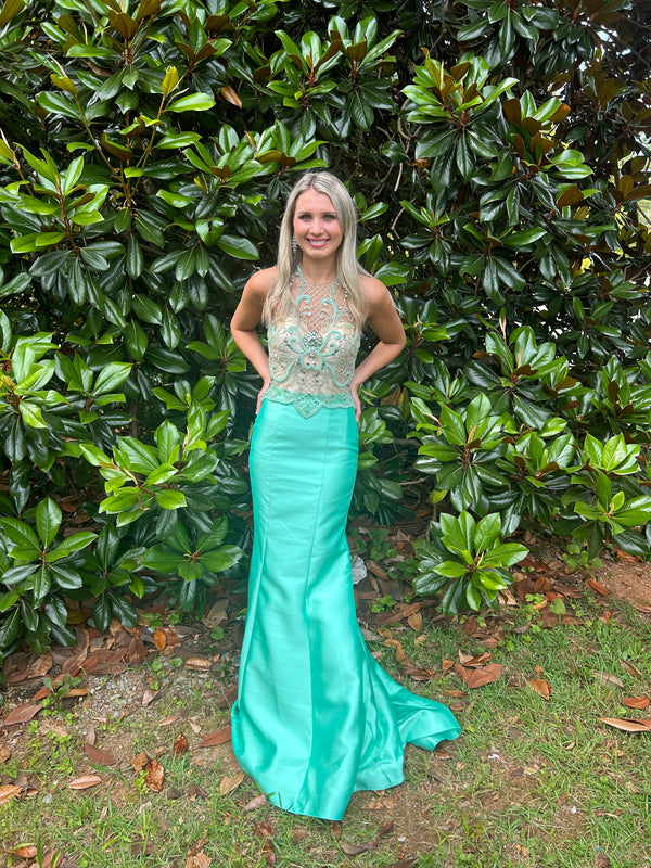 Vienna Prom 8254 Mint Illusion Halter Mermaid Dress