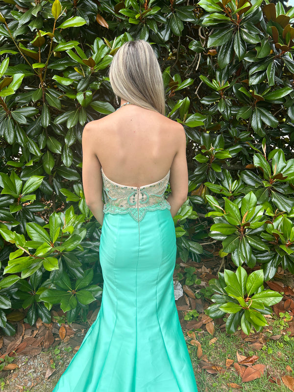 Vienna Prom 8254 Mint Illusion Halter Mermaid Dress