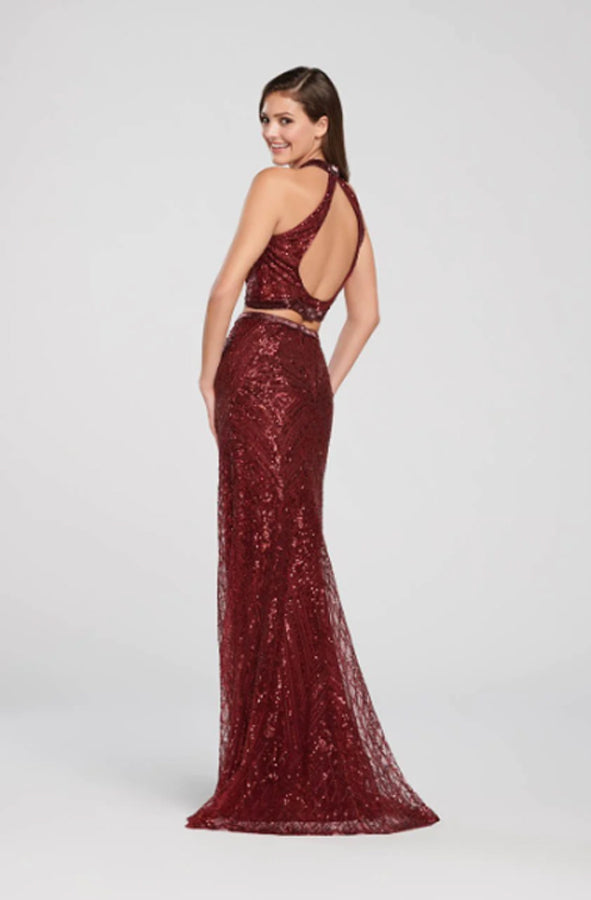 Ellie Wilde 119179 Burgundy Wine 2 Piece Sequin Dress - Size 10