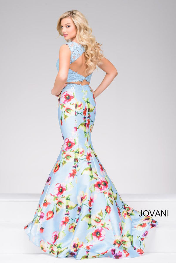 JOVANI 49989 Blue Floral Print 2 Piece Mermaid Dress