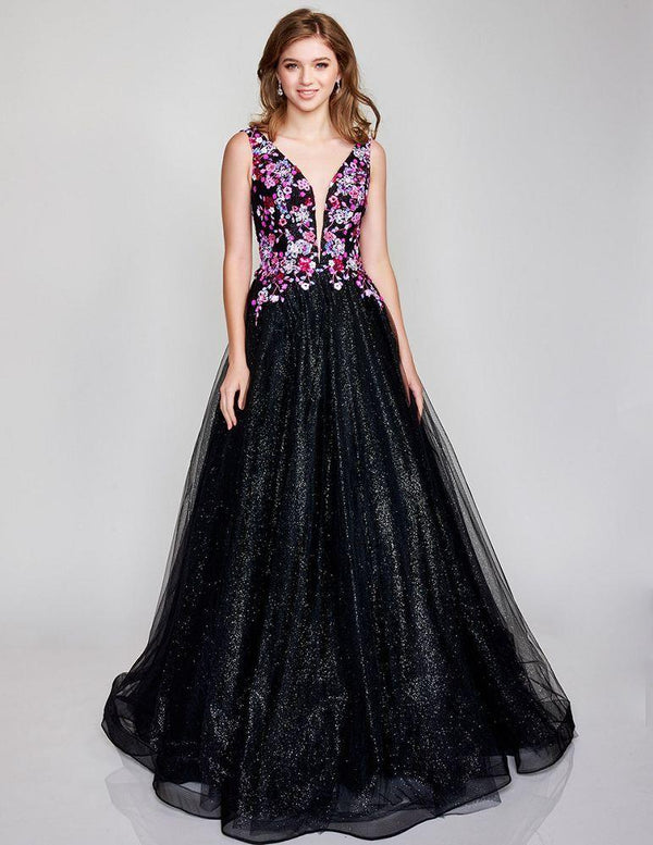 NINA CANACCI 3184 BLACK MULTI Shimmer Tulle Ballgown with Floral Bodice - Size 6