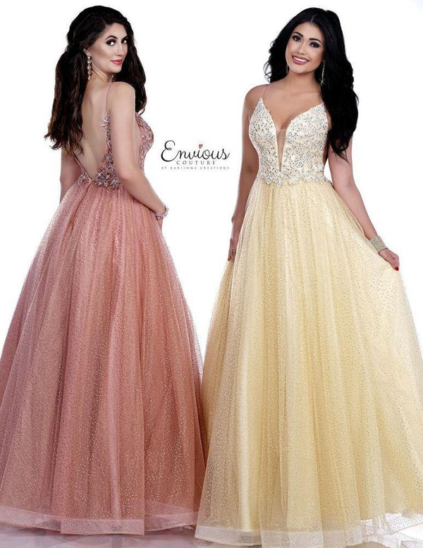 ENVIOUS Couture 1705 Rosegold V-Neck Glitter Tulle Ballgown