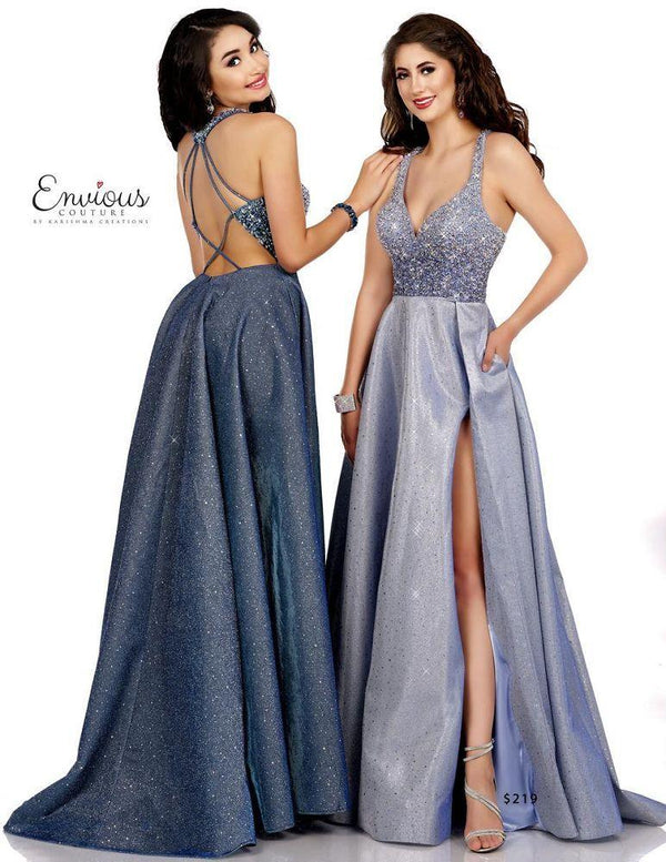 ENVIOUS Couture 1729 Ice Blue Iridescent Shimmer Dress with Slit