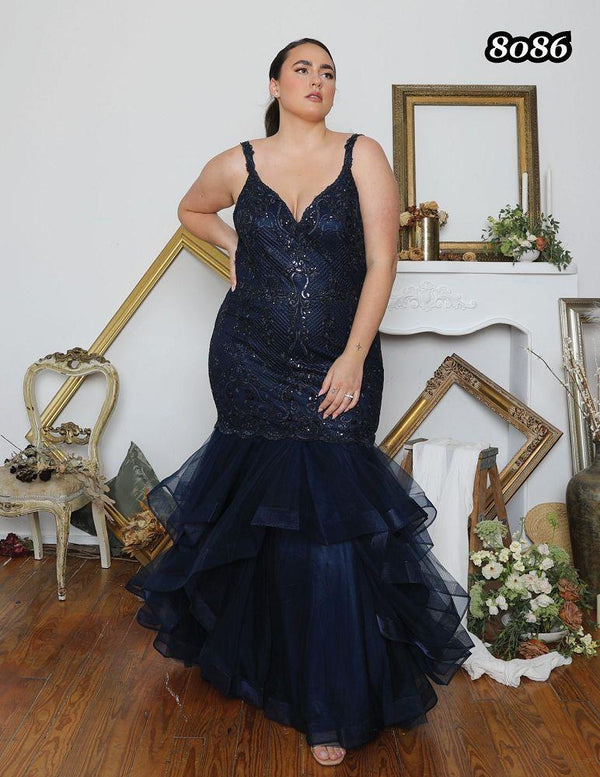 Athena Prom 8086 V-Neck Embroidered Lace Tulle Mermaid Dress - Midnight Blue or White