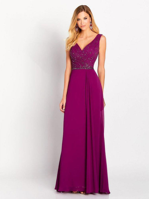 Cameron Blake 119641 Berry V-Neck Beaded Waistband Chiffon A-Line Dress