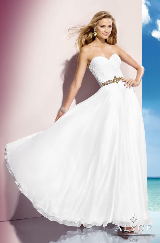 ALYCE Paris 35576 White Flowy Chiffon Dress with Beaded Waist Accent - Size 6