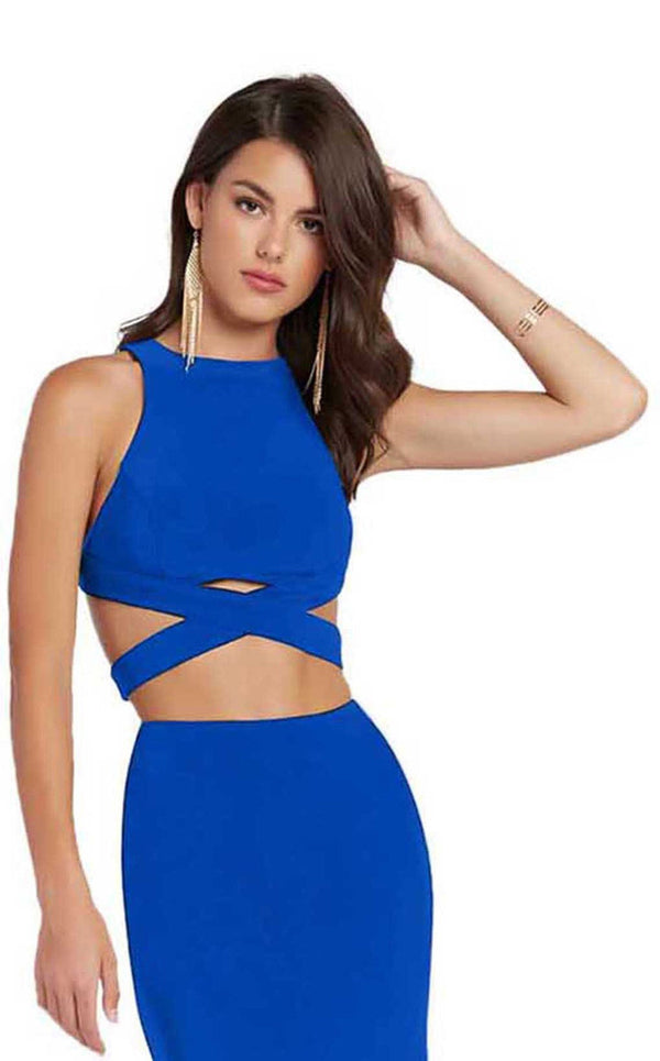 ALYCE Paris 60003 Sapphire Blue High Neck Halter Jersey 2-Piece Dress - Size 12