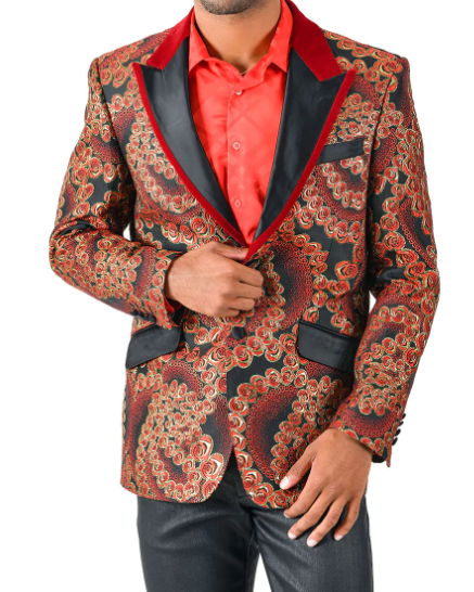 Gold and Red Rose Print Fashion Jacket with Peak Lapels