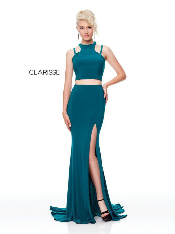 Clarisse 3761 is a two piece prom dress made in stretchy jersey knit, with a racerback crop top with a unique strappy neckline, and a long fitted skirt with a front slit.