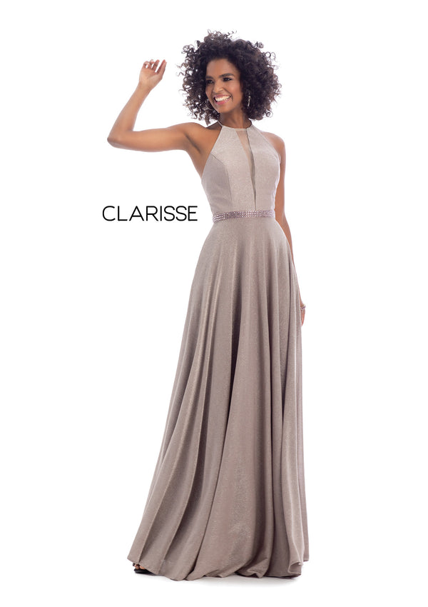 Clarisse 8051 is a halter neck long prom dress with a beaded belt, open back, and shimmering a-line knit skirt. (Front - Dark Mauve)