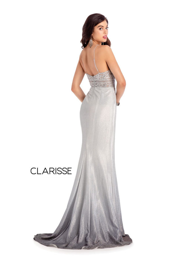 Clarisse 8100 is a long fitted prom dress with a high scoop neck lace bodice, open back with spaghetti straps, and shimmering silver ombre skirt with front slit. (Back)