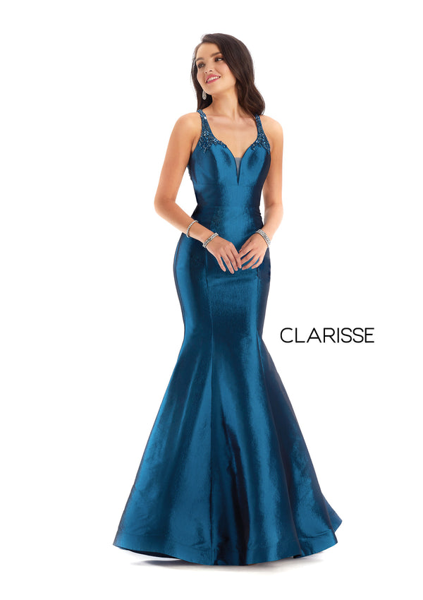 Clarisse 8195 is a mermaid prom dress with a wide v neckline with beaded straps that cross over the open back, and is made in luminous stretch taffeta fabric. (Shown in Peacock)