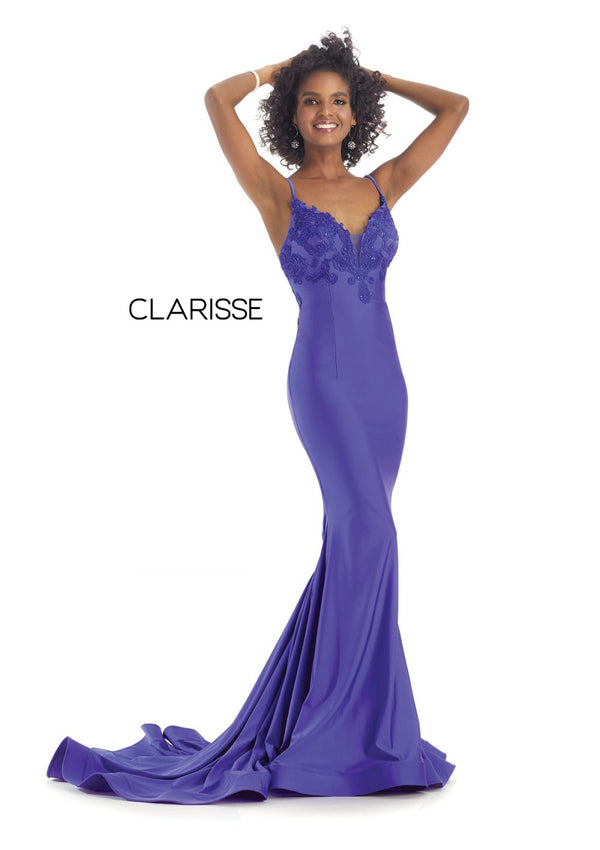 Clarisse 8207 is a long fitted prom dress with a deep v neck bodice embellished with lace appliques, and an open lace up back, made in silky stretch knit fabric with a dramatic long train. Shown in Blue