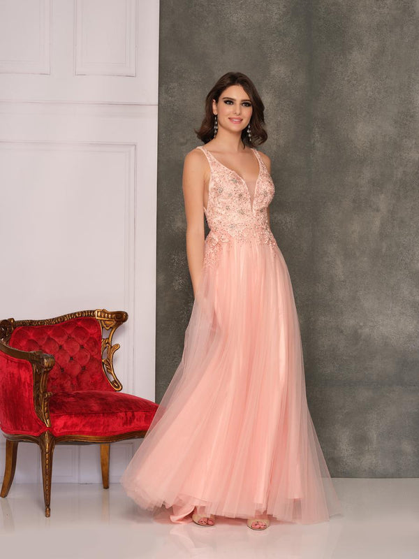 Dave & Johnny 10511 Blush V-Neck Lace and Tulle A-Line