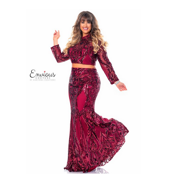 Envious Couture 1463 Burgundy Sequin Long Sleeve 2 Piece Dress