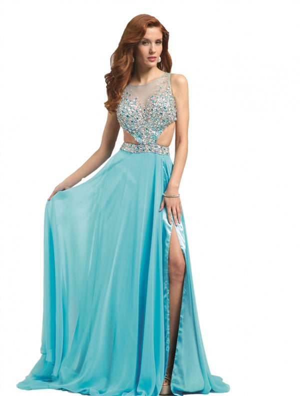 JOVANI 98535 Blue High Neck Cut Out Beaded Dress w/ Slit - Size 2