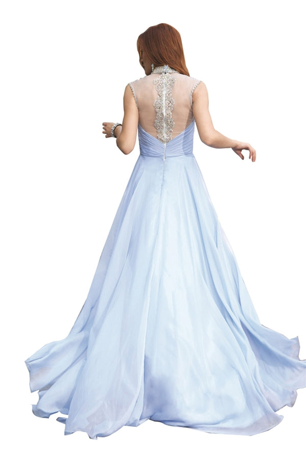 JOVANI 98546 Light Blue Beaded High Neck Chiffon A-Line Dress - Size 4