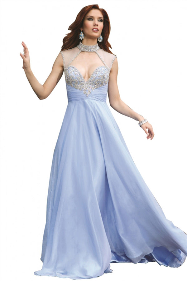 JOVANI 98546 Light Blue Beaded High Neck Chiffon A-Line Dress - Size 4