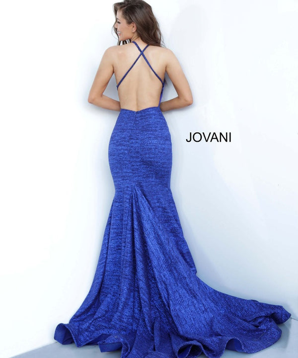 JOVANI 65416 Ocean Blue High Neck Glitter Mermaid Dress - Size 10