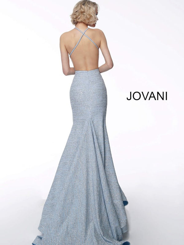 JOVANI 65416 Soft Blue High Neck Glitter Mermaid Dress - Size 8