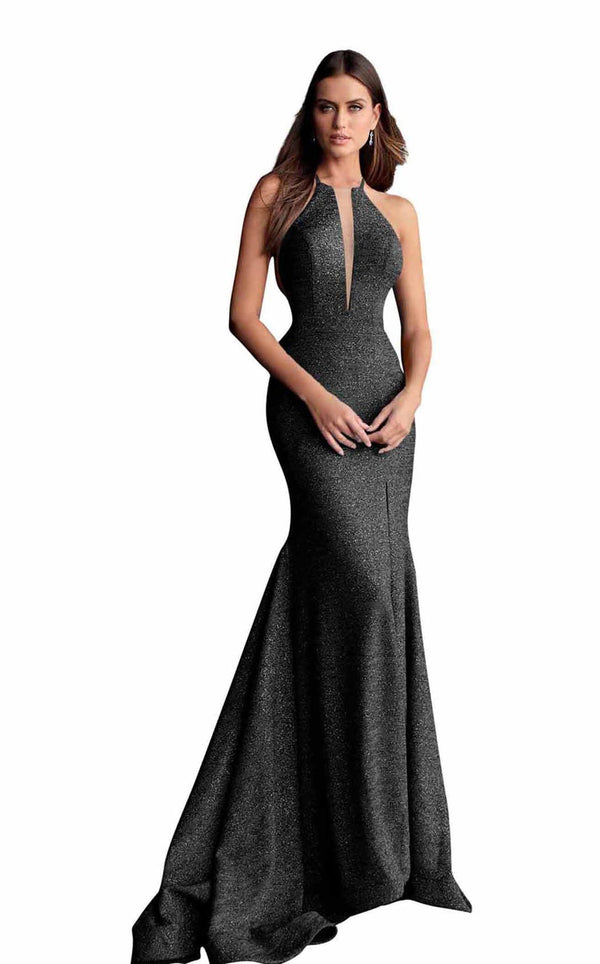 JOVANI 67563 Gunmetal Glitter Jersey Mermaid Dress