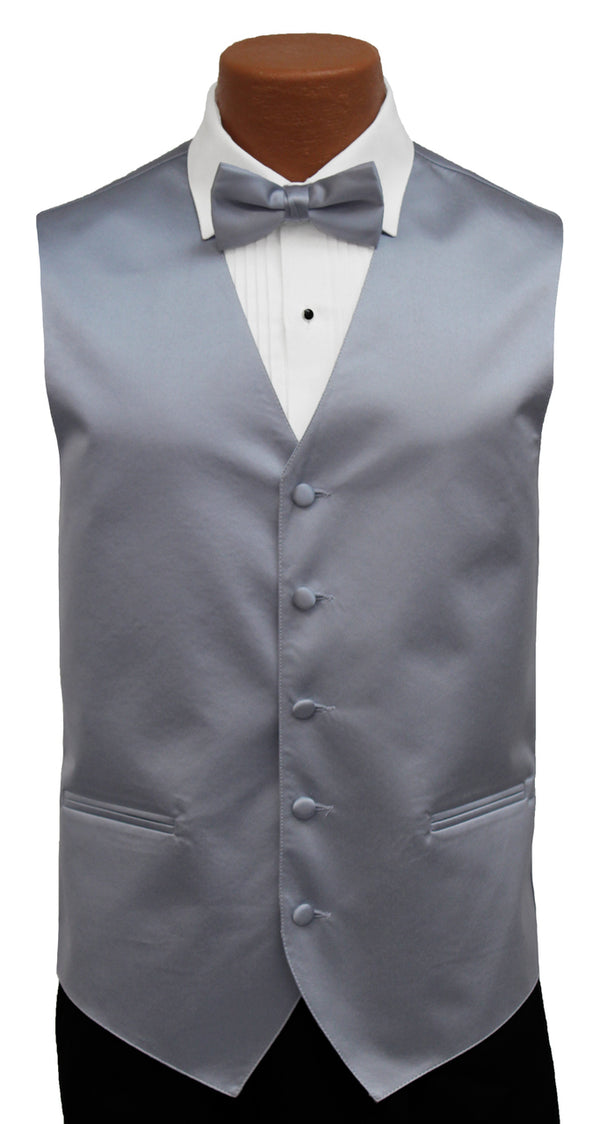 New Silver Satin Vest & Bow Tie