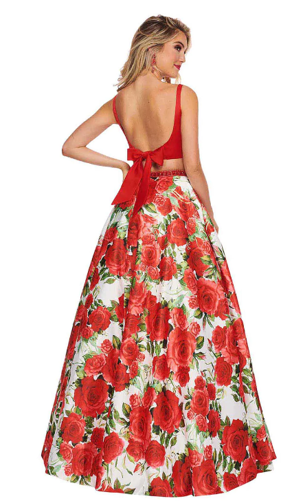 Rachel Allan 6589 Red Floral 2 Piece Ballgown with Pockets