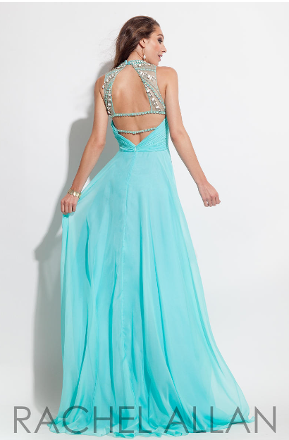 Rachel Allan 7259 Aqua Mint Jeweled Neckline Chiffon Dress