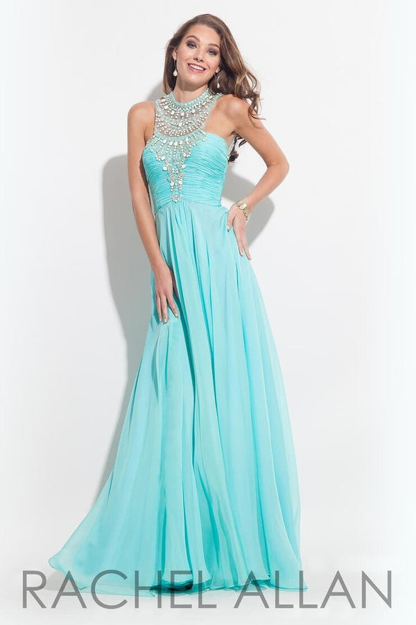 Rachel Allan 7259 Aqua Mint Jeweled Neckline Chiffon Dress