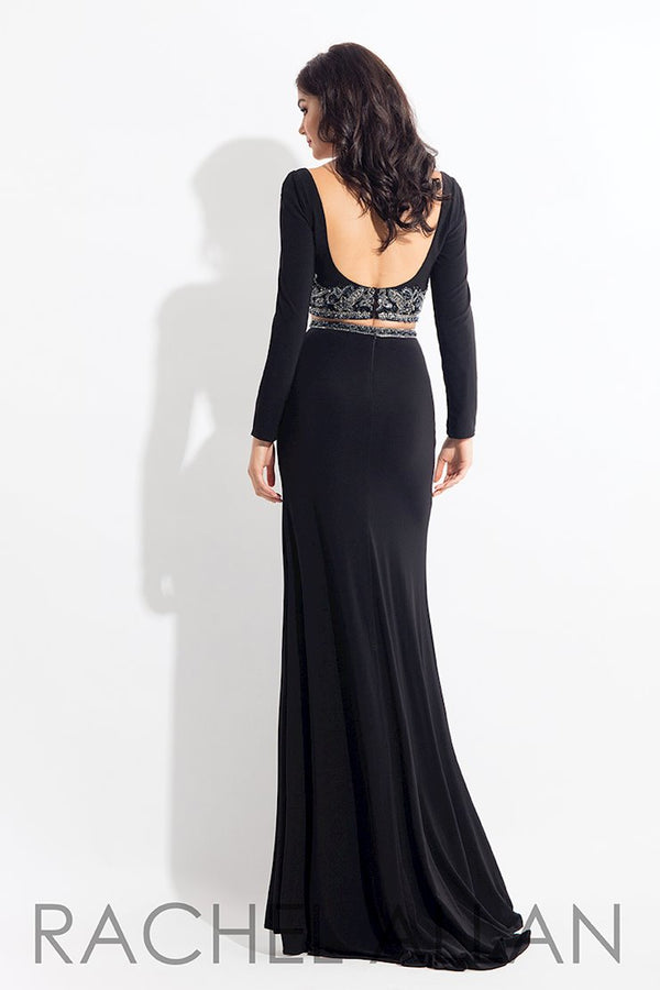 Rachel Allan 6137 Black Jersey 2 Piece Dress with Long Sleeves and Slit - Size 6