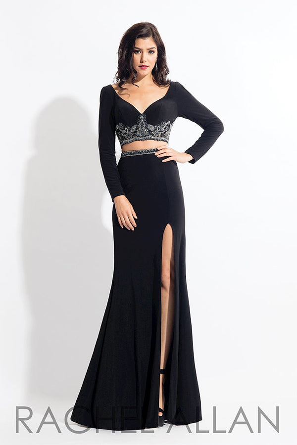 Rachel Allan 6137 Black Jersey 2 Piece Dress with Long Sleeves and Slit - Size 6