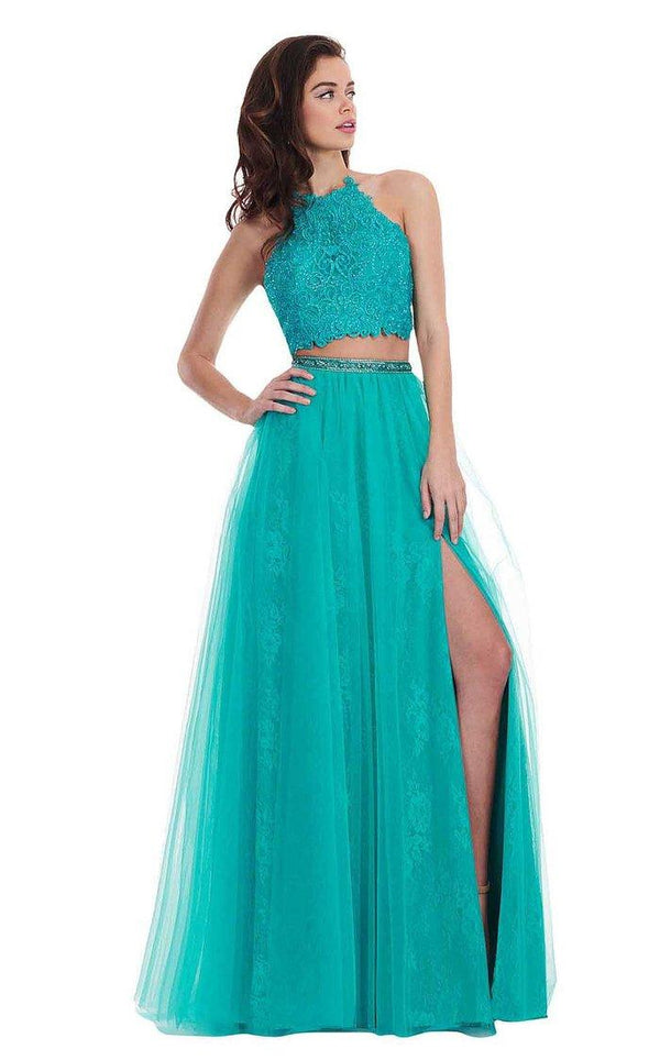 Rachel Allan 6437 Jade Halter 2 Piece Dress with Slit