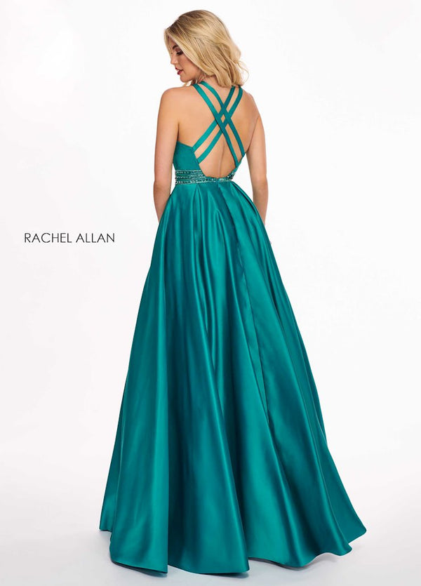 Rachel Allan 6674 Jade Green Satin A-Line Dress with Pockets - Size 6