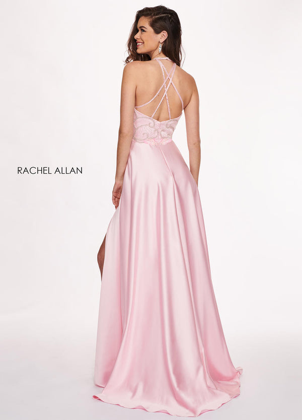 Rachel Allan 6487 Soft Pink Satin A-Line Dress with Slit