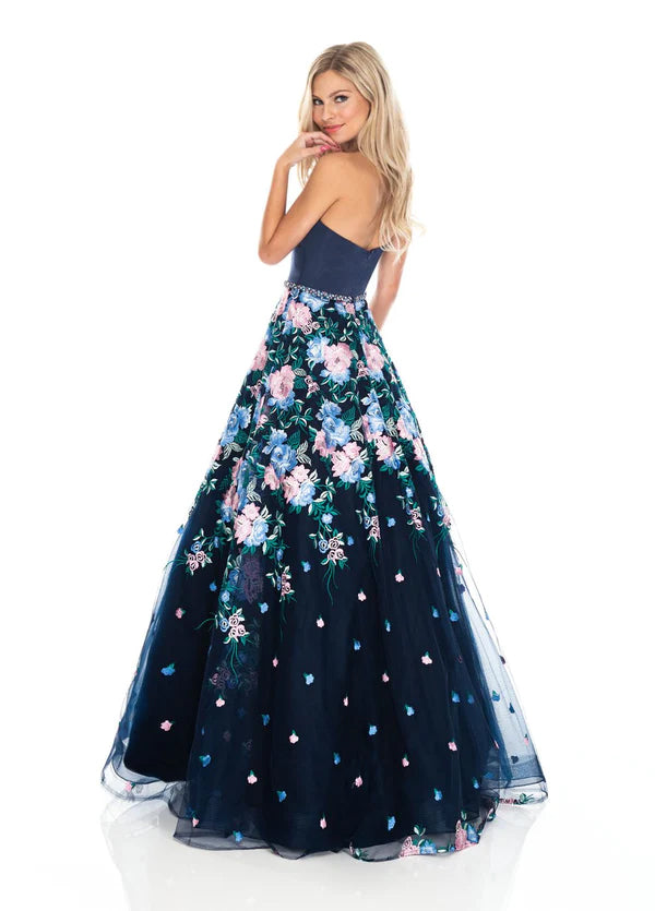 Rachel Allan 7063 Navy Floral Embroidered A-Line Dress - Size 6