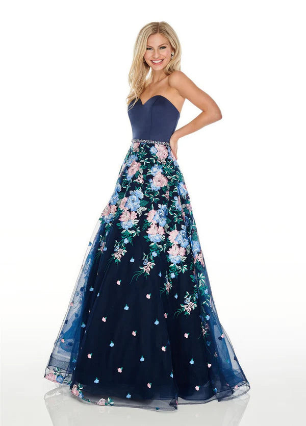 Rachel Allan 7063 Navy Floral Embroidered A-Line Dress - Size 6