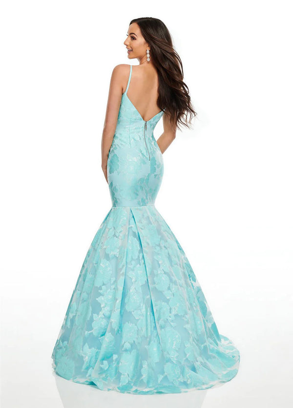 Rachel Allan 7087 Aqua Floral Jacquard Mermaid Dress - Size 8