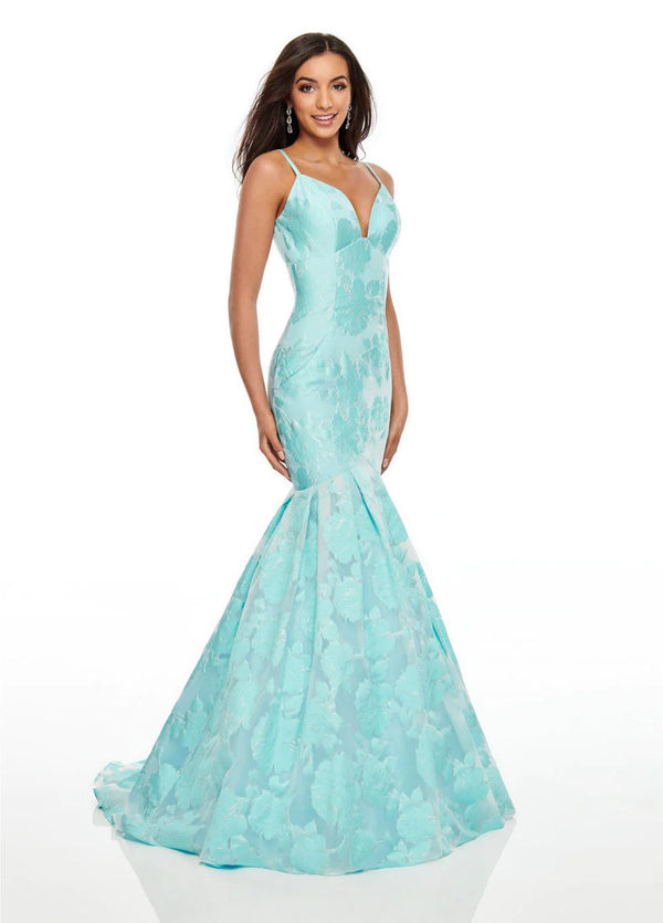 Rachel Allan 7087 Aqua Floral Jacquard Mermaid Dress - Size 8