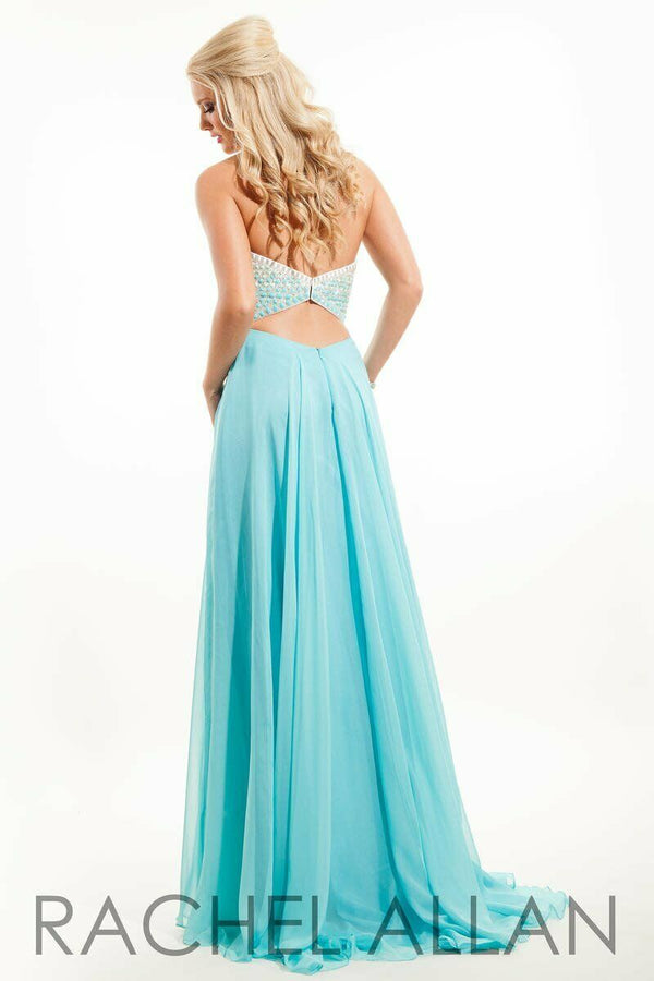 White and Aqua beading create an ombre effect on the bodice of this strapless chiffon a-line dress.