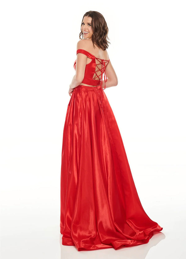 Rachel Allan 7185 Red 2 Piece Satin Dress with Slit