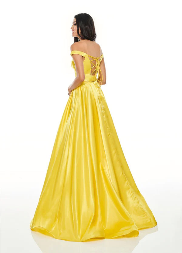 Rachel Allan 7185 Yellow 2 Piece Satin Dress with Slit